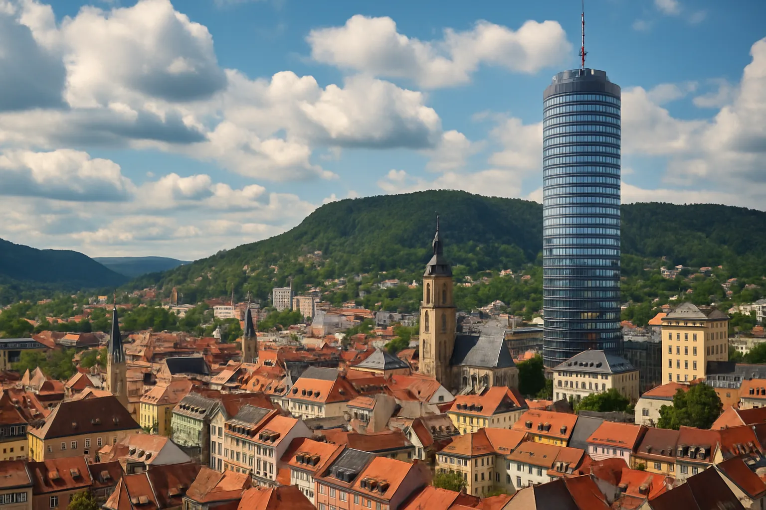 Stadtansicht mit roter Dachlandschaft und modernem Hochhaus im Hintergrund.