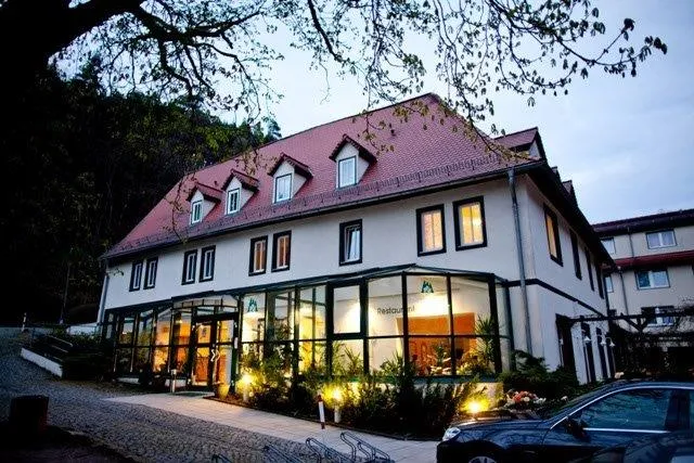 Ein Bild des Waldhotel Linzmühle bei Nacht