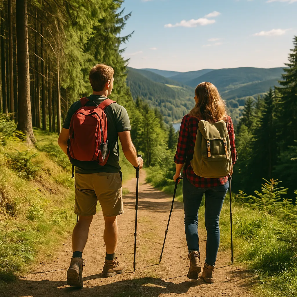 Ein Mann und eine Frau wandern mit Rucksäcken und Wanderstöcken auf einem Waldweg mit Blick auf bewaldete Hügel und einen See.